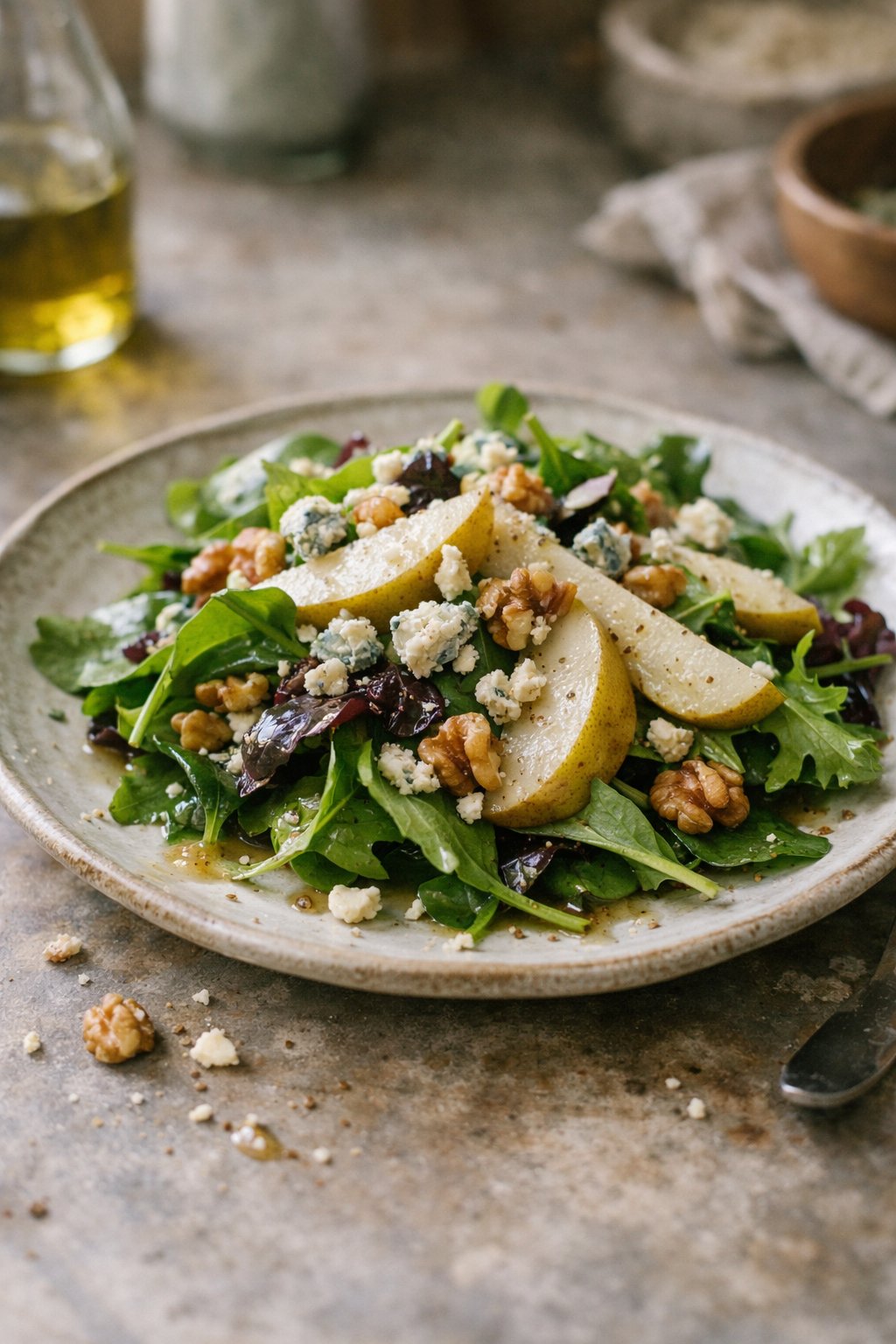 A casually plated salad of field greens with sliced pear, walnuts, and blue cheese on a worn wooden surface in a home kitchen lit by natural window light.