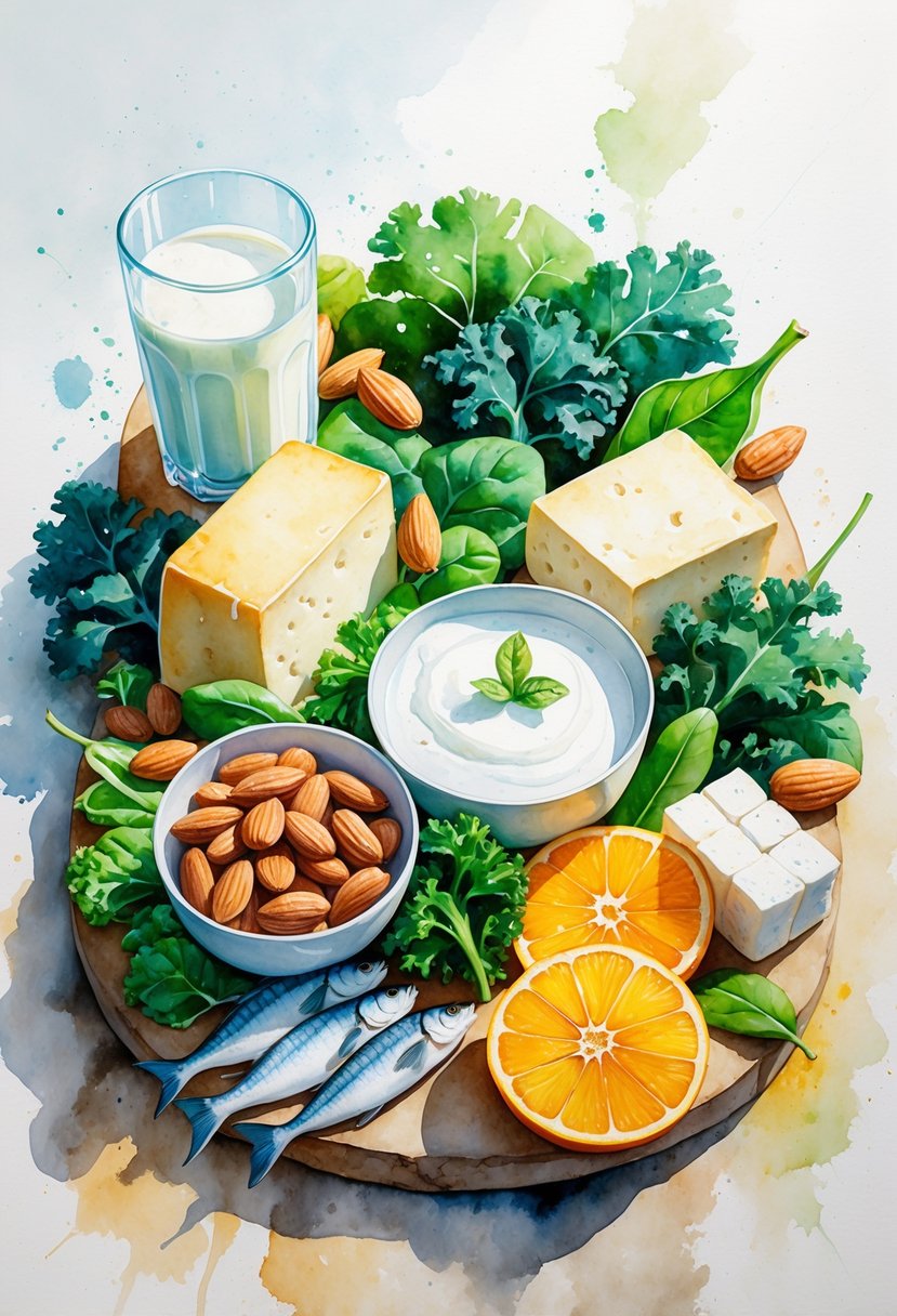 An assortment of calcium-rich foods including milk, cheese, yogurt, leafy greens, almonds, tofu, sardines, and orange slices arranged on a wooden table.