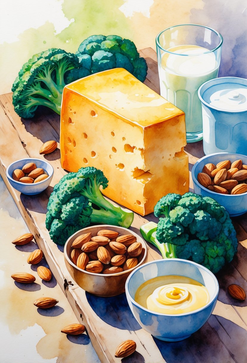 A table displaying cheddar cheese, broccoli, almonds, milk, and yogurt arranged together.