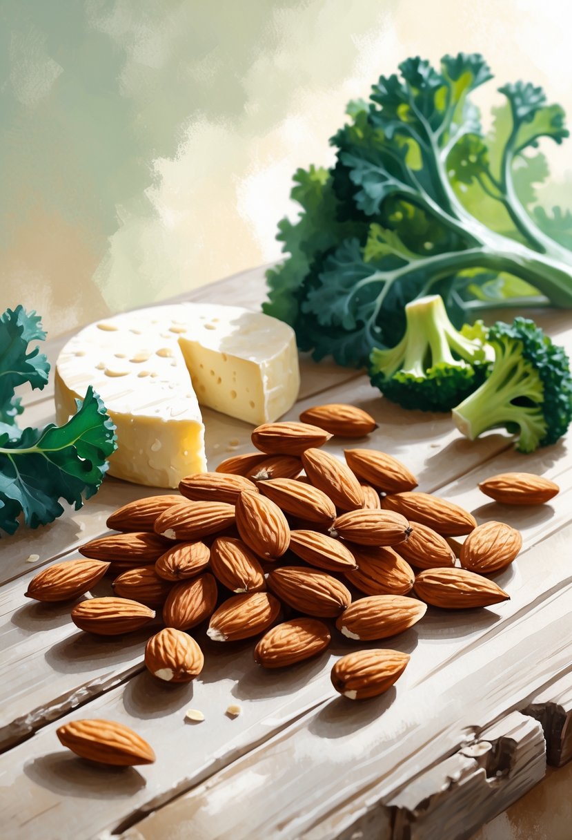 A close-up scene showing almonds, kale leaves, cheese slices, and broccoli florets arranged on a wooden surface.