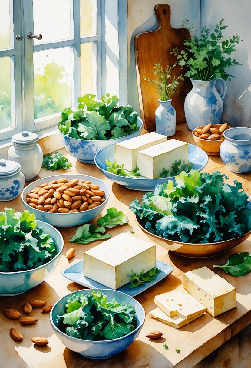 A kitchen table displaying blocks of tofu surrounded by leafy greens, almonds, and cheese with kitchen items in the background.