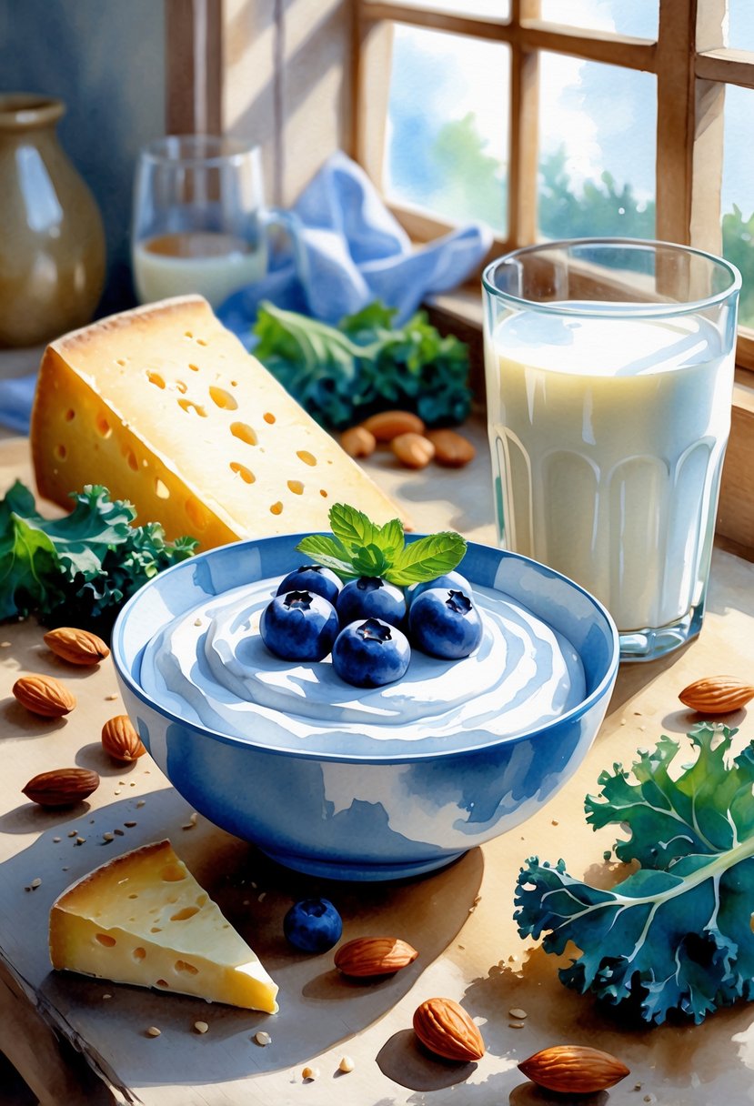 A bowl of Greek yogurt with blueberries and mint on a wooden table surrounded by cheese, milk, almonds, and kale.