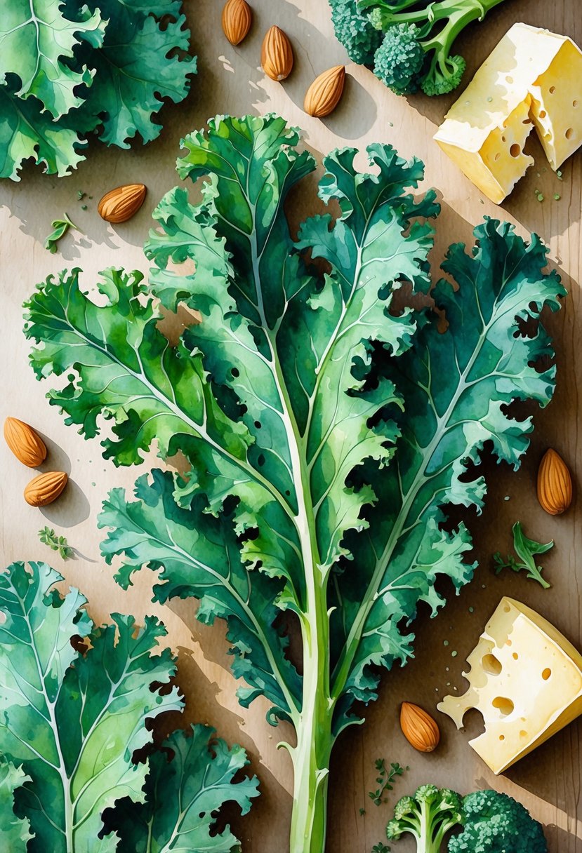 Fresh kale leaves on a wooden table surrounded by almonds, broccoli, and cheese.
