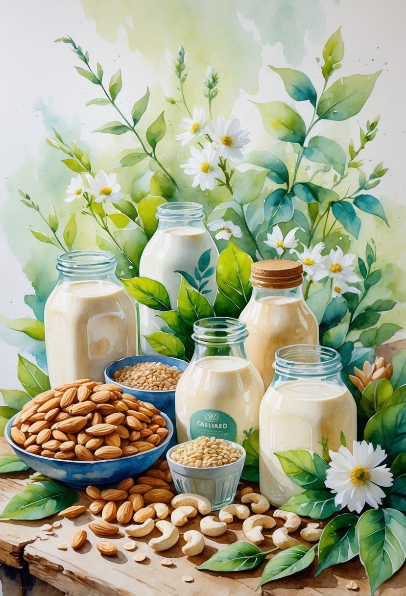 A collection of almonds, soybeans, oats, cashews, and glass bottles of plant-based milk arranged on a wooden table with green leaves and white flowers.