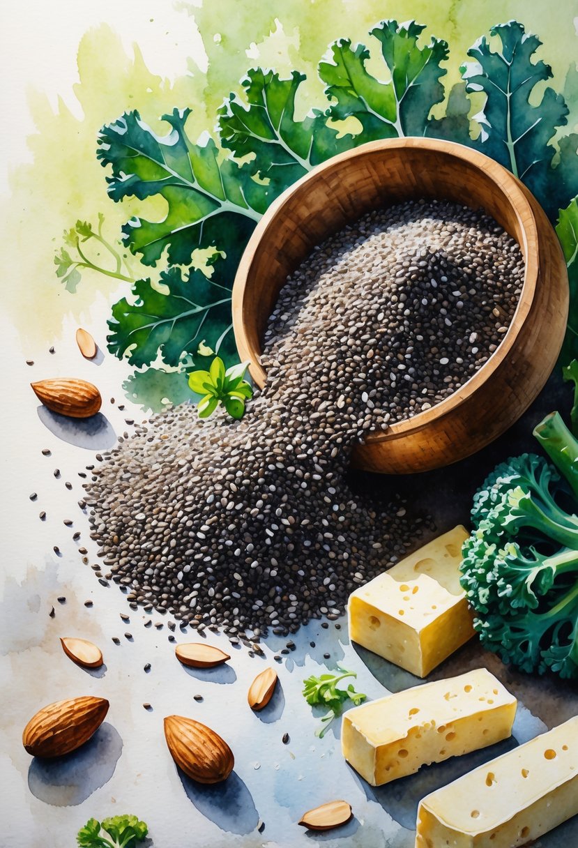 A close-up view of chia seeds spilling from a wooden bowl surrounded by kale leaves, almonds, cheese pieces, and broccoli on a textured surface.