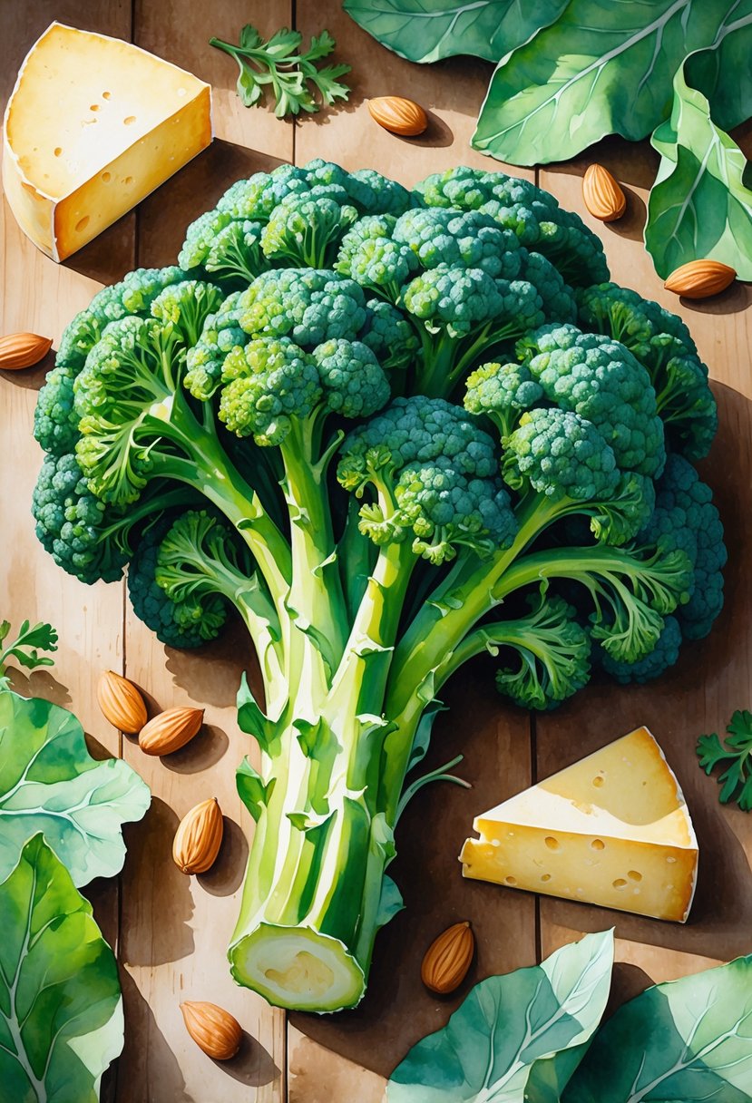 Fresh broccoli florets arranged on a wooden table with almonds, cheese slices, and leafy greens around them.