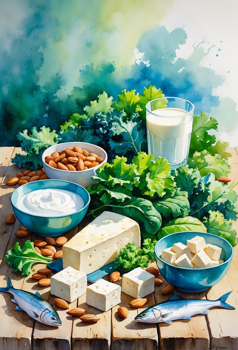 An arrangement of various calcium-rich foods including dairy products, leafy greens, almonds, tofu, and small fish on a wooden table.