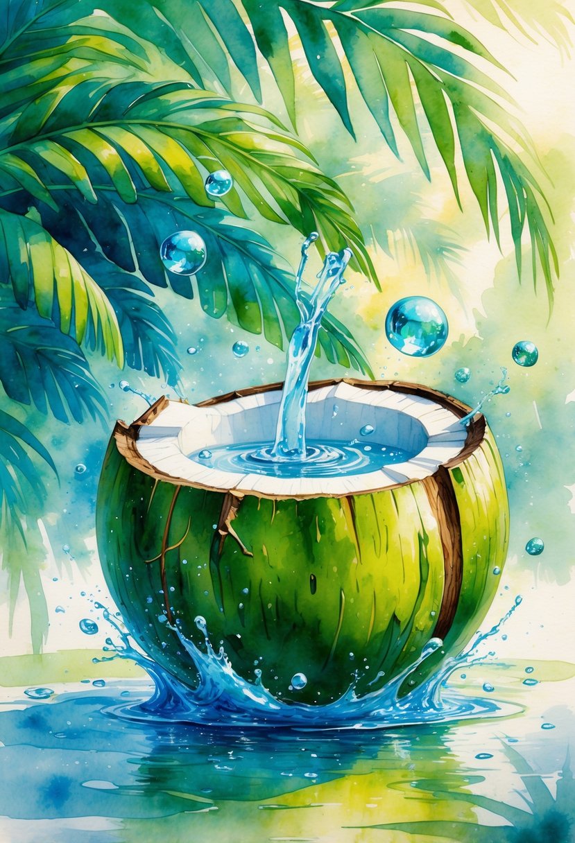 A fresh green coconut cut open with clear water inside, surrounded by tropical leaves and water droplets.