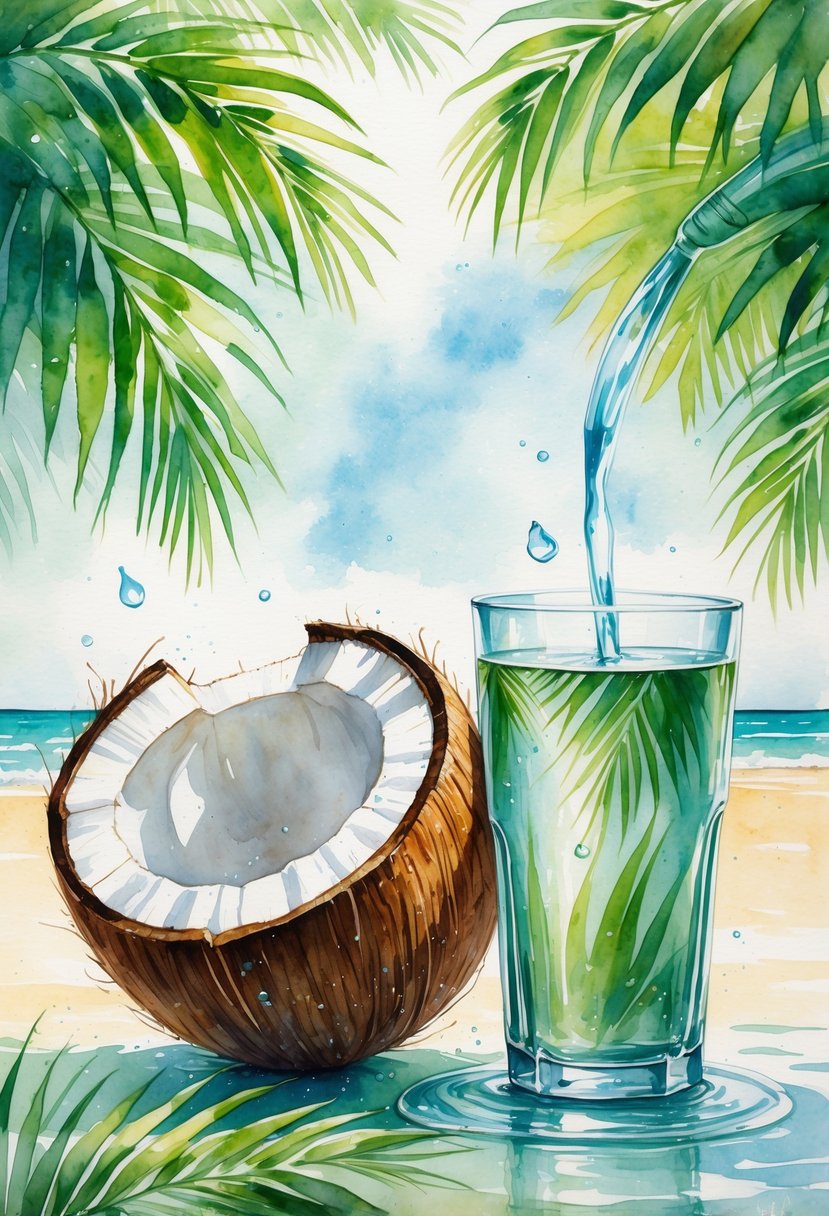 A fresh coconut pouring coconut water into a glass surrounded by tropical palm leaves on a sunny beach background.