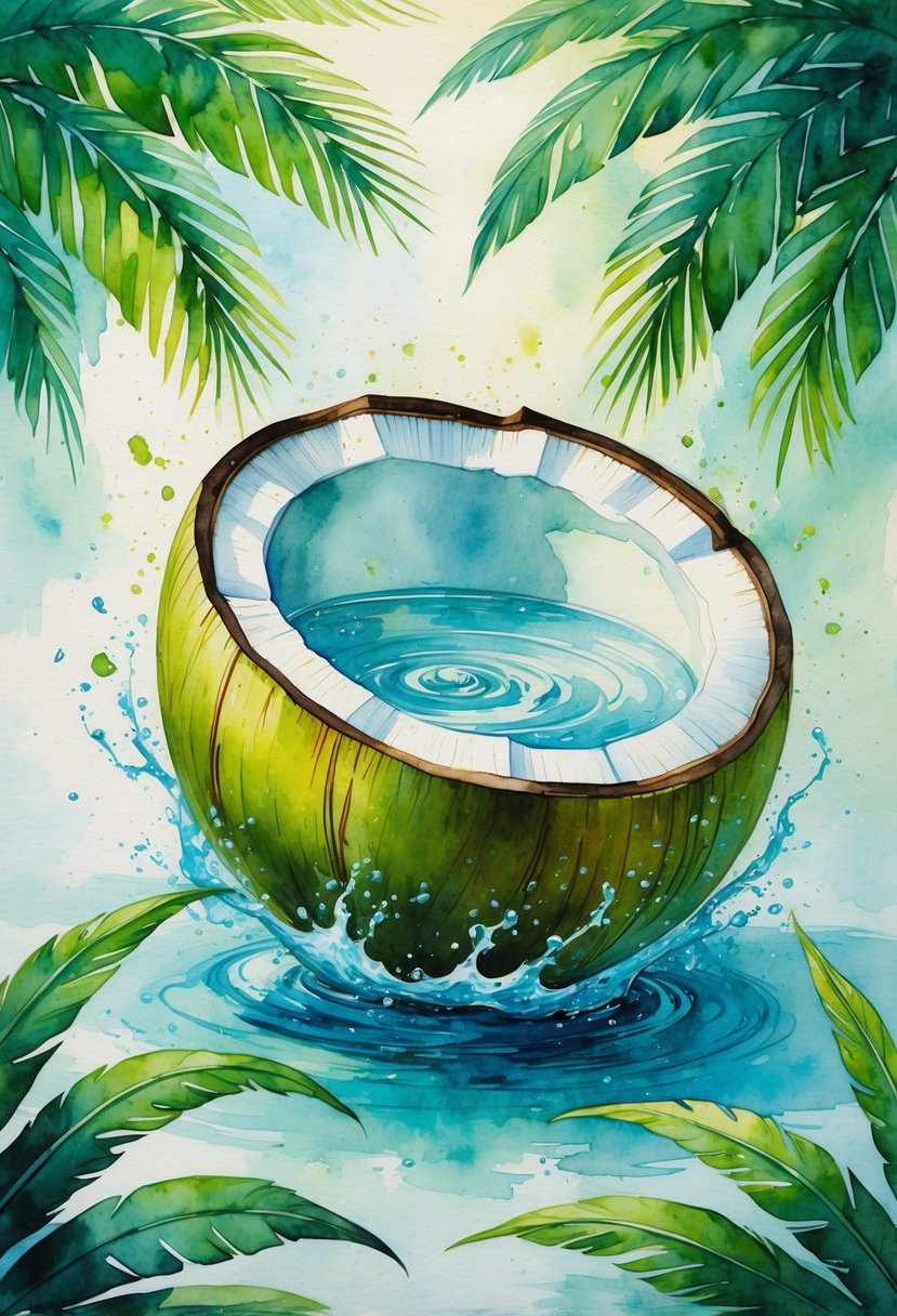 An open coconut with clear water surrounded by green palm leaves and glowing particles symbolizing antioxidants fighting dark swirling shadows.