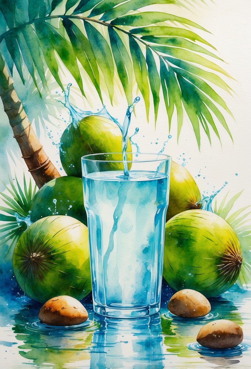 A glass of coconut water surrounded by green coconuts and palm leaves with small kidney-shaped stones dissolving in the background.
