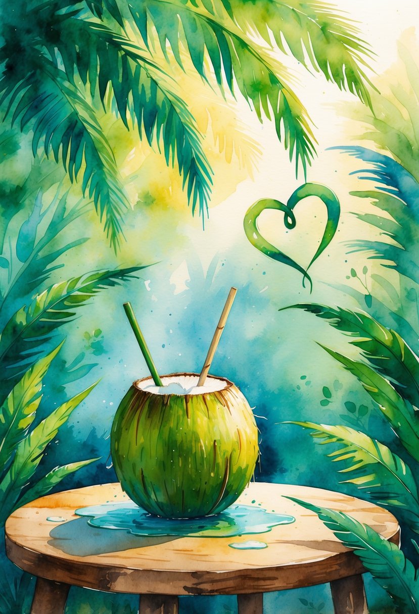 A fresh coconut with a straw on a wooden table surrounded by palm leaves and a subtle heart shape formed by leaves and water droplets.