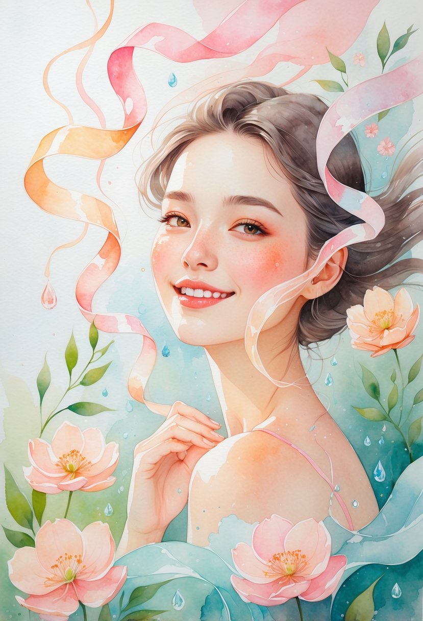 A young woman with radiant skin surrounded by flowing ribbons, flowers, leaves, and water droplets symbolizing health and vitality.