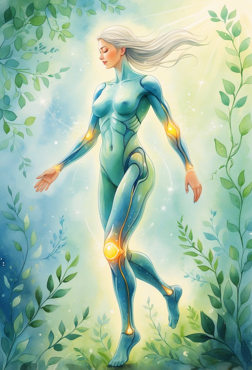 A person moving gracefully surrounded by green leaves and soft light, symbolizing healthy joints and relief from pain.