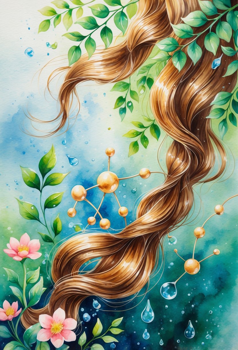 A flowing cascade of healthy hair surrounded by green leaves, blooming flowers, and water droplets symbolizing nourishment and growth.