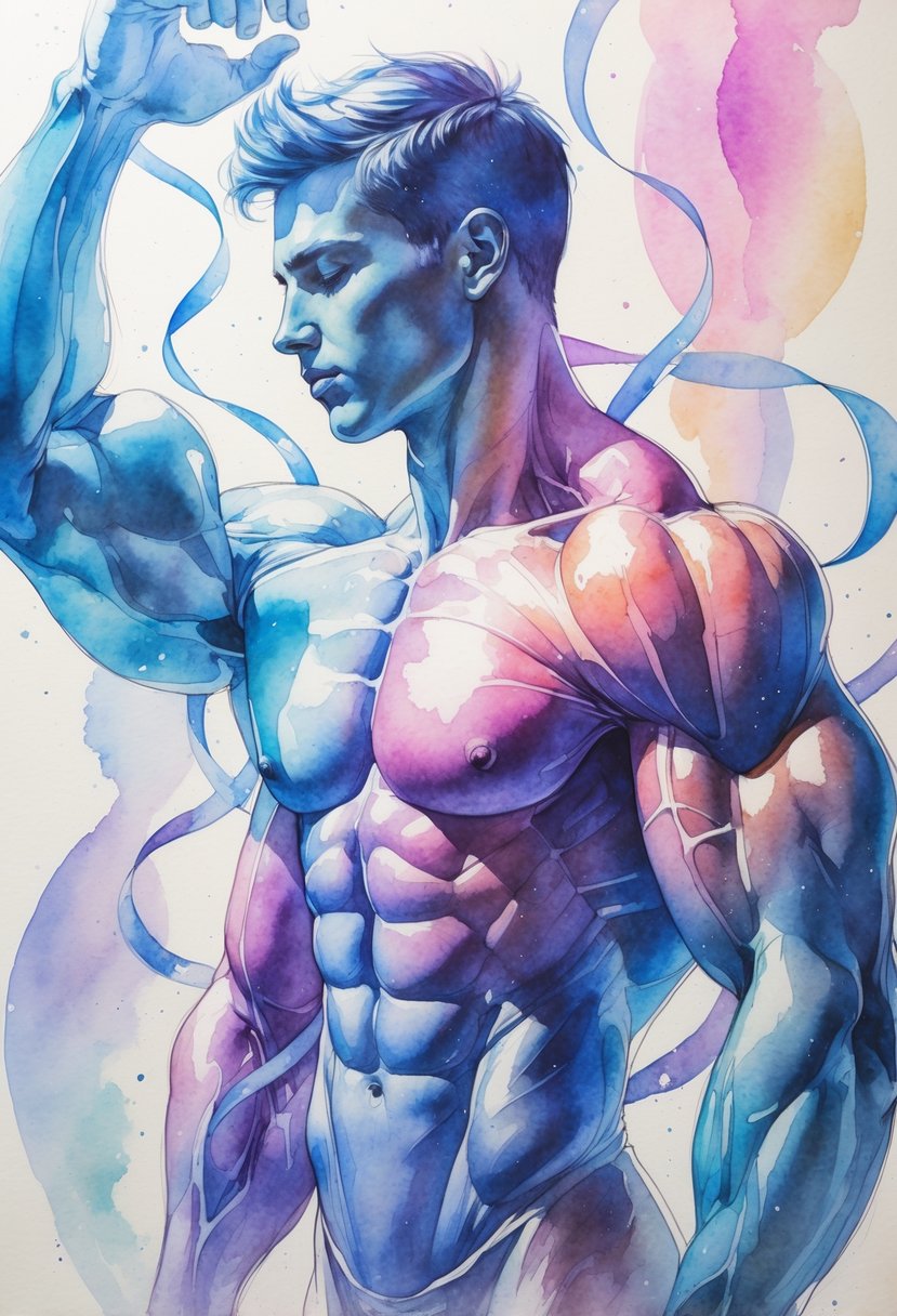 A human figure with defined muscles surrounded by flowing fibers symbolizing muscle support and recovery.