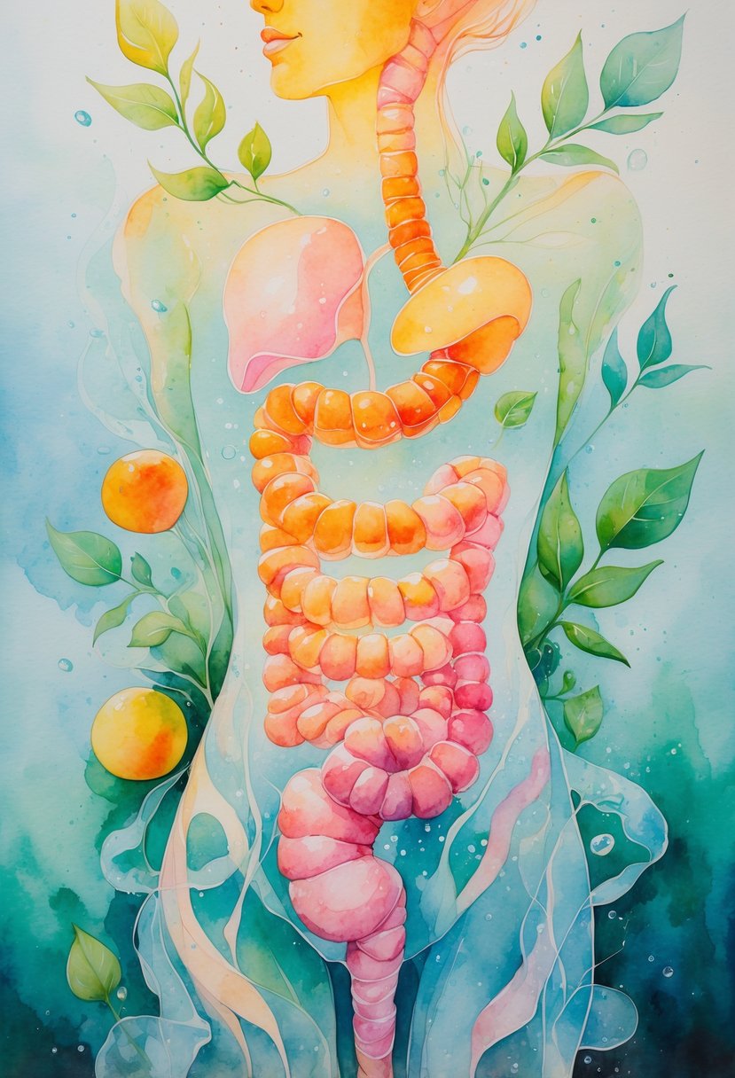 A human figure with a glowing digestive tract surrounded by natural elements like fruits and leaves, symbolizing gut health and digestion.