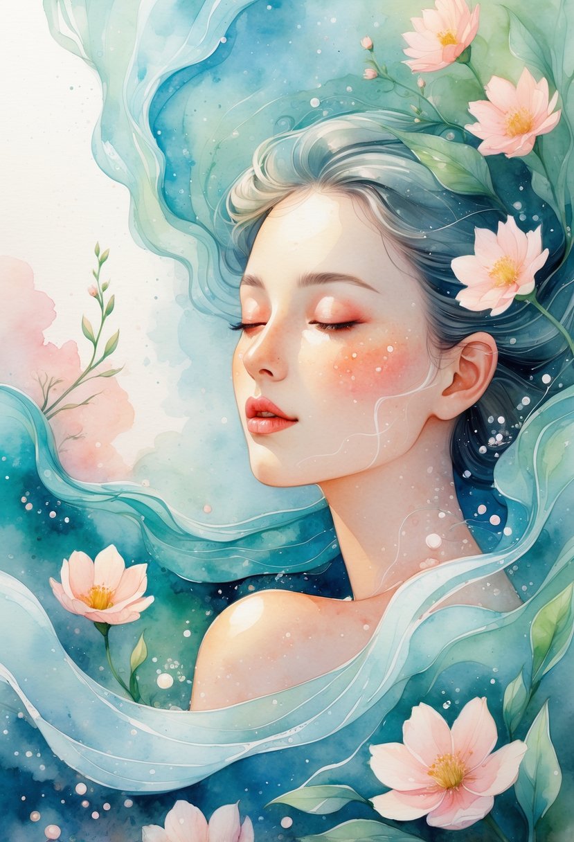 A glowing woman surrounded by flowers, gentle waves, and molecular shapes, symbolizing health and rejuvenation.