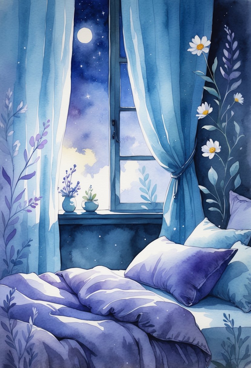 A peaceful bedroom at night with a cozy bed and moonlight coming through the window, surrounded by delicate flowers and soft natural elements.
