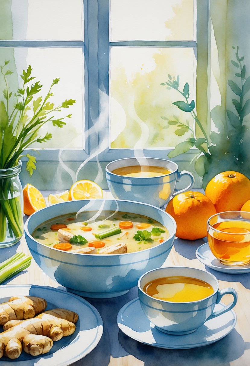 A kitchen table with a bowl of chicken soup, a cup of tea with lemon, ginger slices, honey, and oranges arranged together.