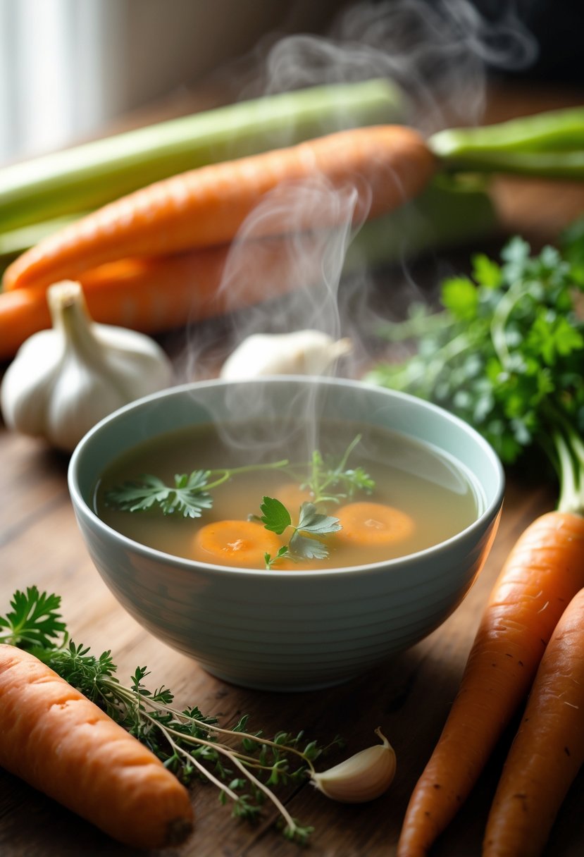 A steaming bowl of chicken broth on a wooden table surrounded by fresh vegetables and herbs.