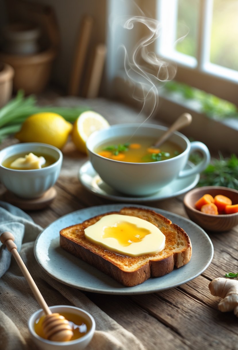 A warm slice of buttered toast on a wooden table surrounded by a cup of steaming herbal tea, a bowl of chicken soup with vegetables, and fresh ginger and honey.
