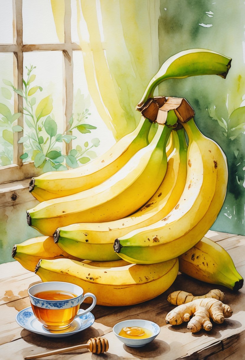 A still life scene with ripe bananas on a wooden table surrounded by a cup of tea, honey, and ginger.