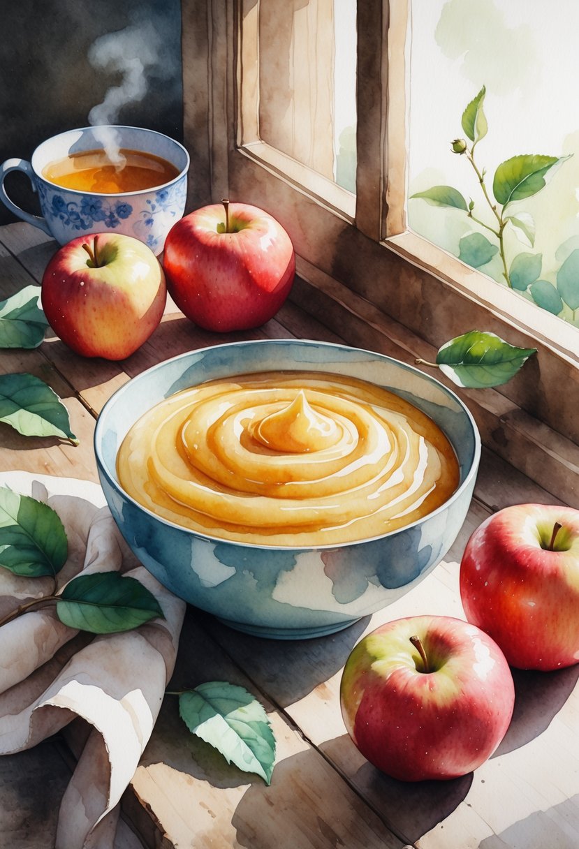 A bowl of applesauce on a wooden table surrounded by fresh apples and a cup of tea in a cozy kitchen setting.