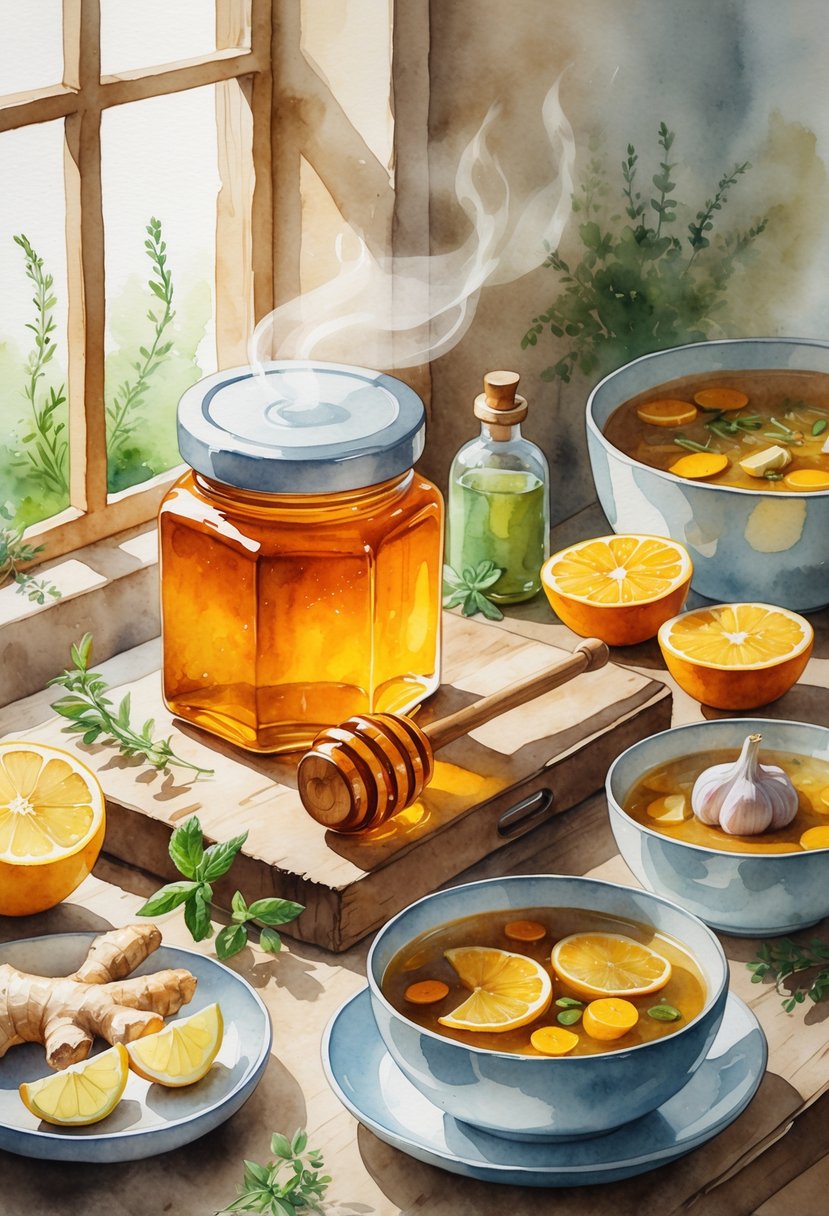 A kitchen table with a jar of honey, a cup of herbal tea, ginger, citrus fruits, chicken soup, garlic cloves, and fresh herbs arranged together.