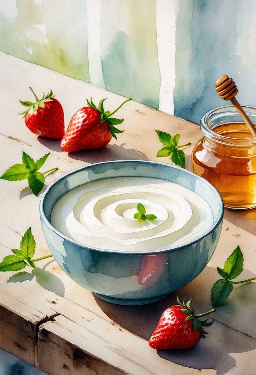 A bowl of low-fat yogurt with strawberries, mint, and honey on a wooden table.