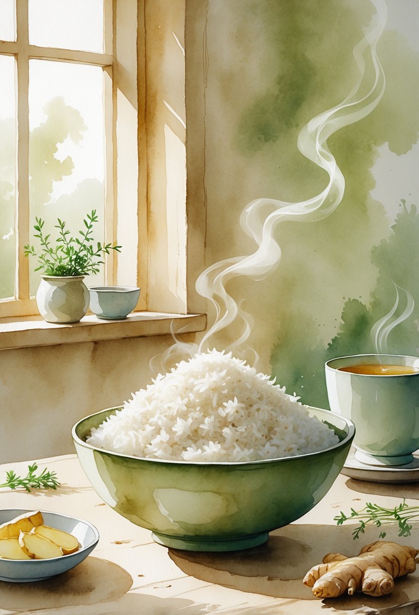 A bowl of steaming white rice on a wooden table surrounded by ginger slices, a cup of herbal tea, and fresh herbs in a calm kitchen setting.