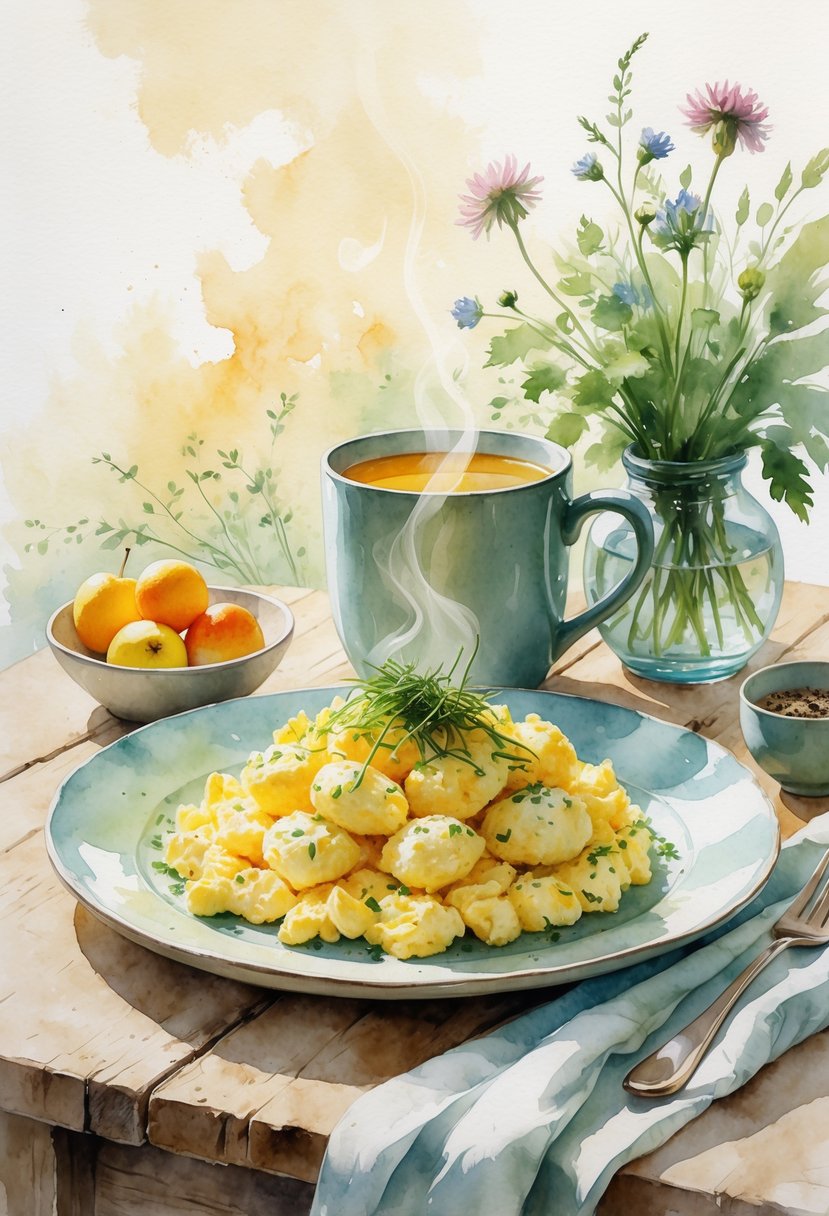 A plate of scrambled eggs with herbs on a wooden table next to a cup of tea and a small bowl of fruit.
