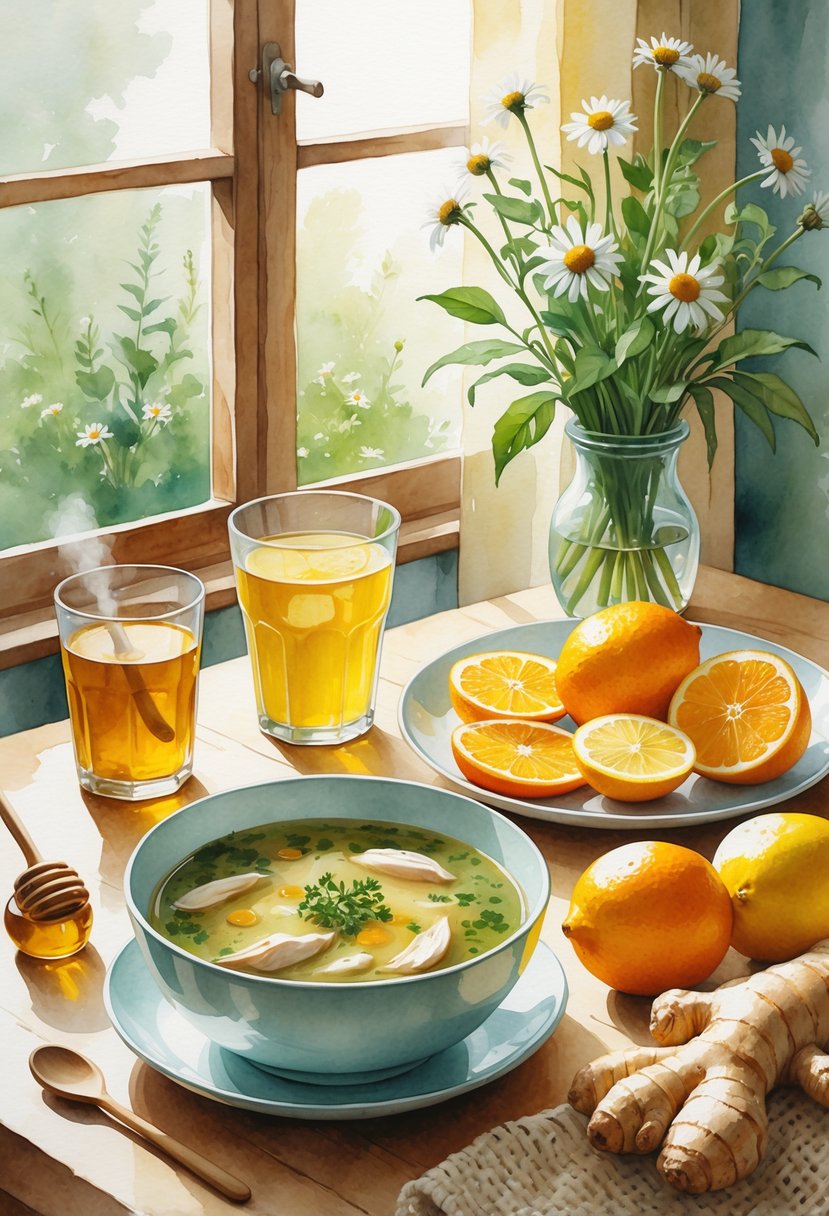 A cozy kitchen table with chicken soup, lemon water, citrus fruits, honey, ginger, and chamomile flowers arranged to suggest comforting foods for someone who is sick.