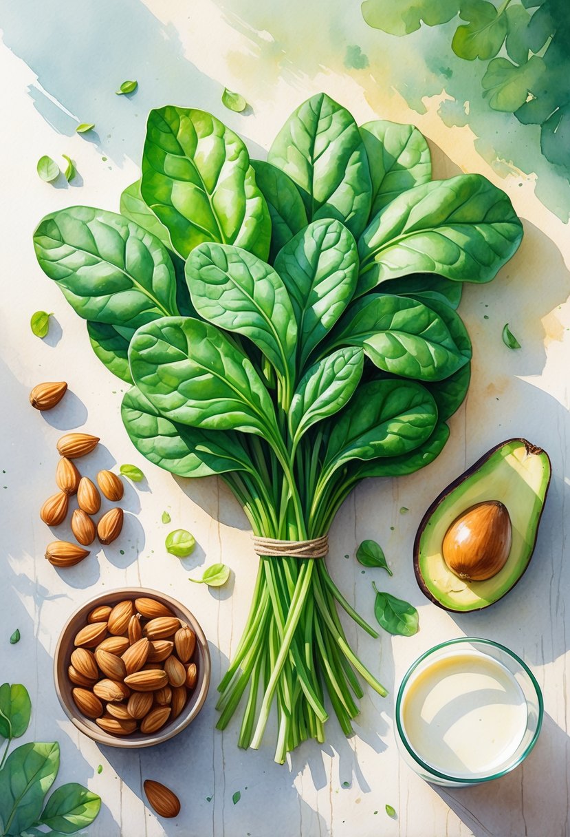 A bunch of fresh spinach leaves on a wooden table surrounded by almonds, a glass of milk, and avocado slices.