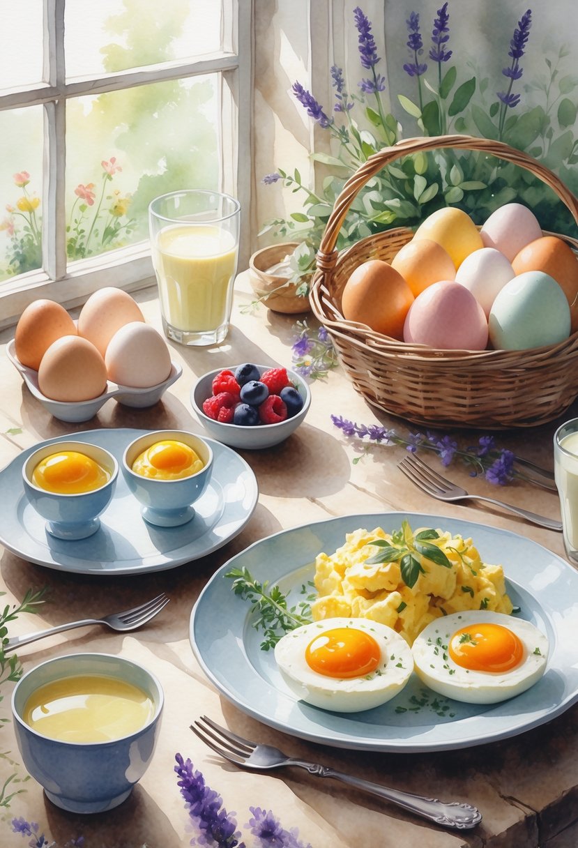 A breakfast table with various eggs prepared in different ways, a glass of milk, berries, and herbs arranged in a cozy kitchen setting.