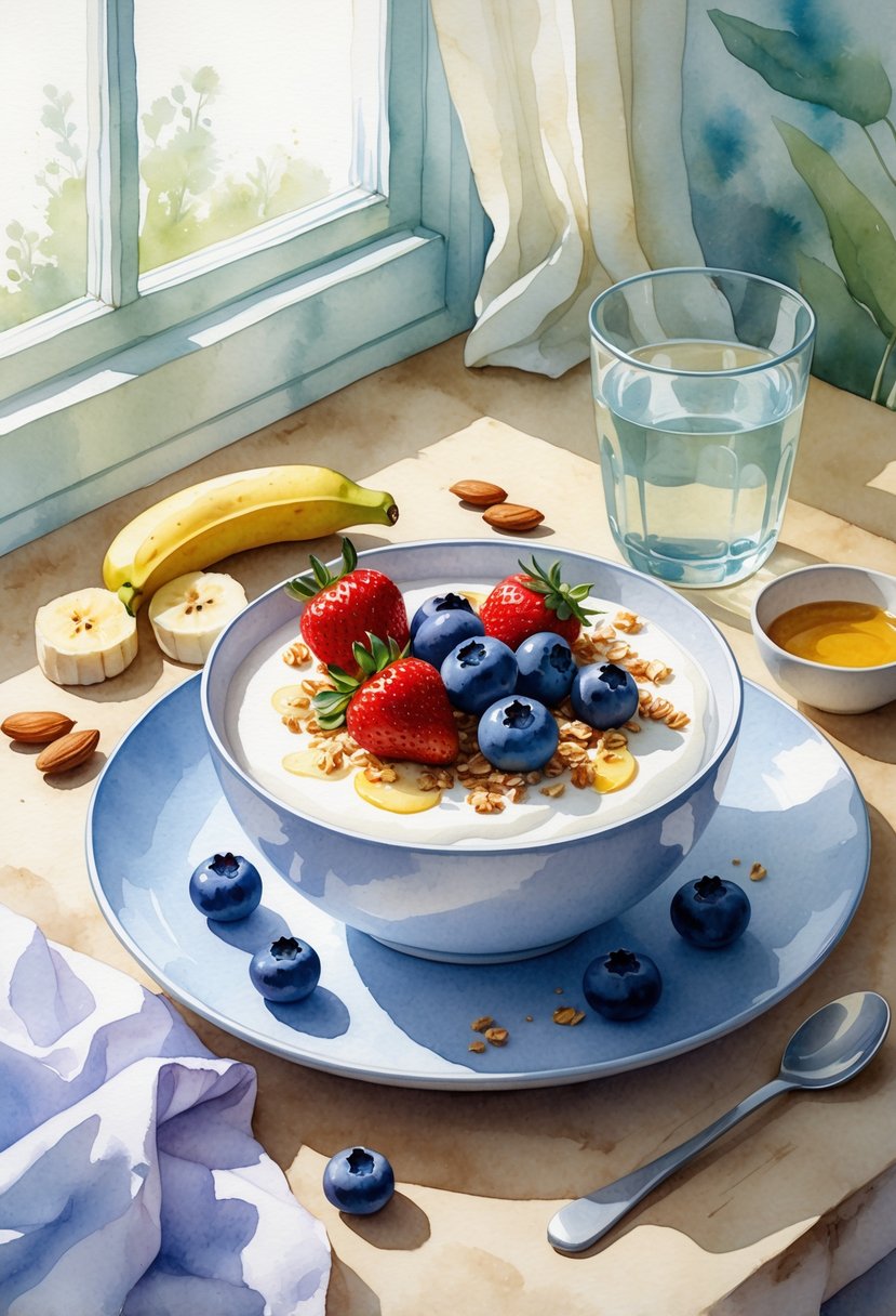A bowl of Greek yogurt topped with berries and honey on a wooden table surrounded by fresh fruit and nuts in a cozy kitchen setting.