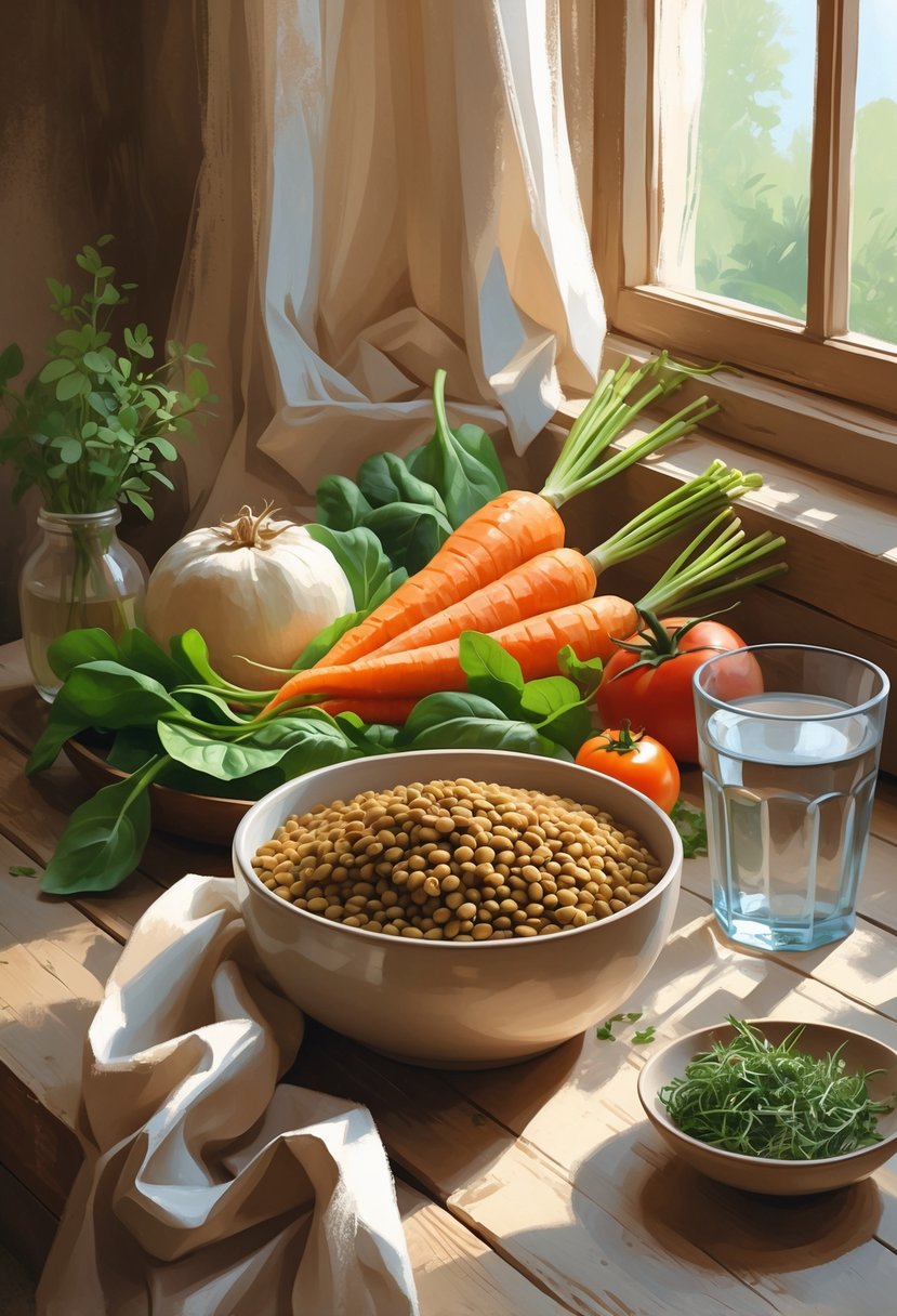A bowl of cooked lentils with fresh vegetables on a wooden table next to a glass of water and herbs.