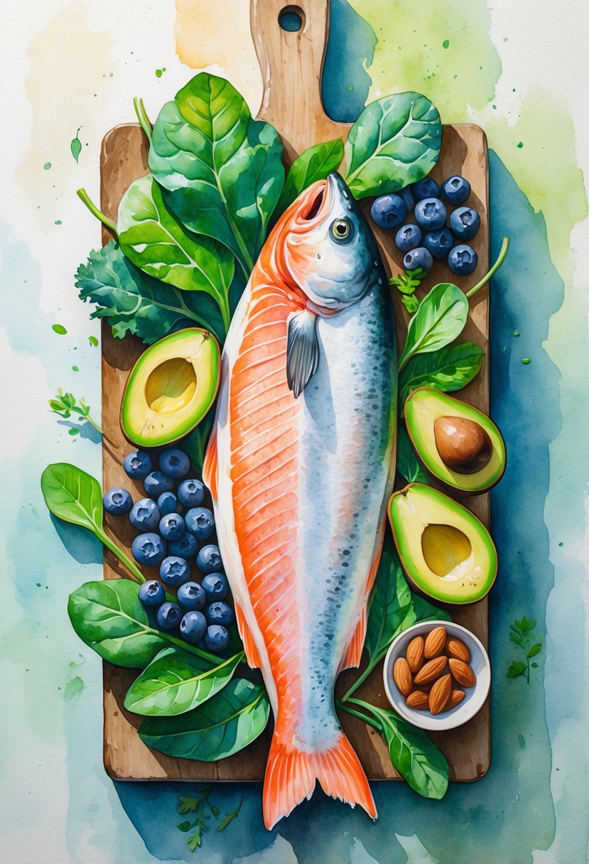 A fresh salmon on a wooden board surrounded by leafy greens, blueberries, avocado slices, and almonds.
