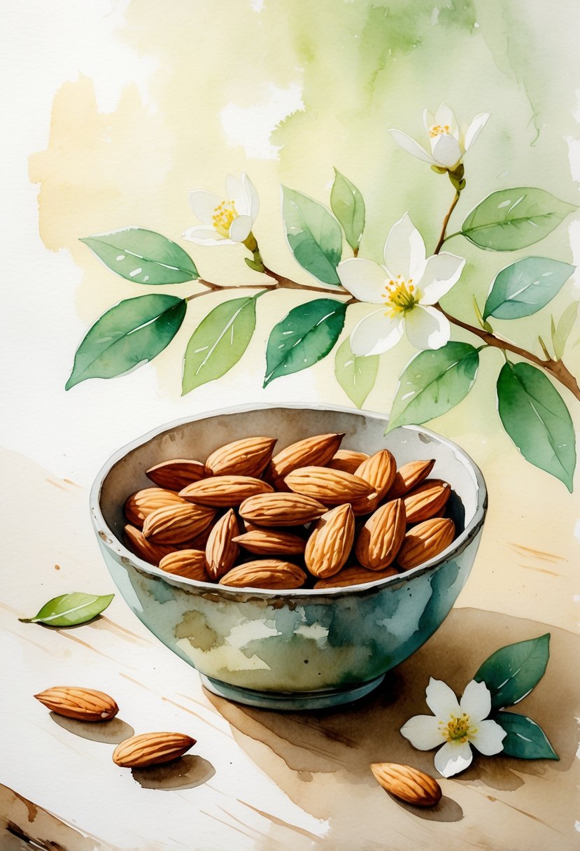 A bowl of almonds surrounded by almond leaves and flowers on a wooden table.