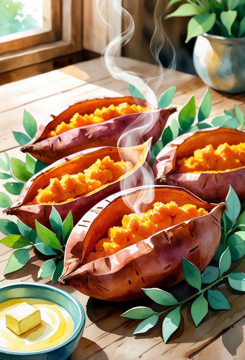 A table with cooked sweet potatoes cut open, surrounded by green leaves and a small bowl of butter.