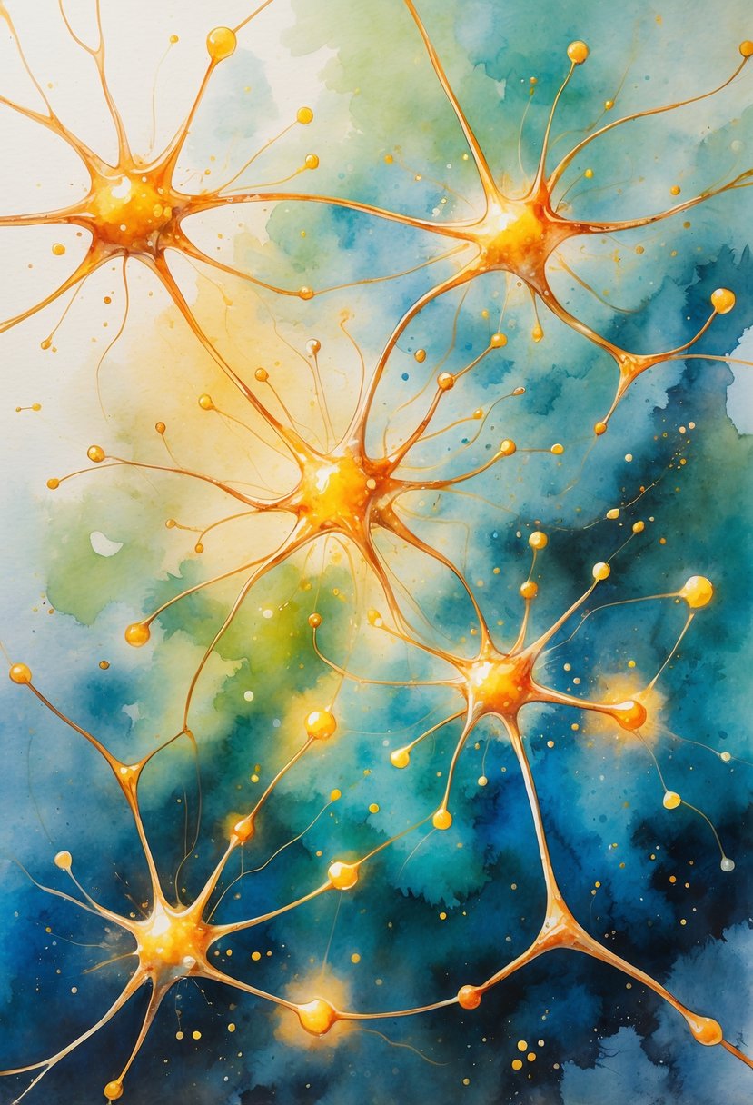An abstract scene showing glowing neurons connected by flowing lines with small shimmering spheres around them, representing nerve function and communication.