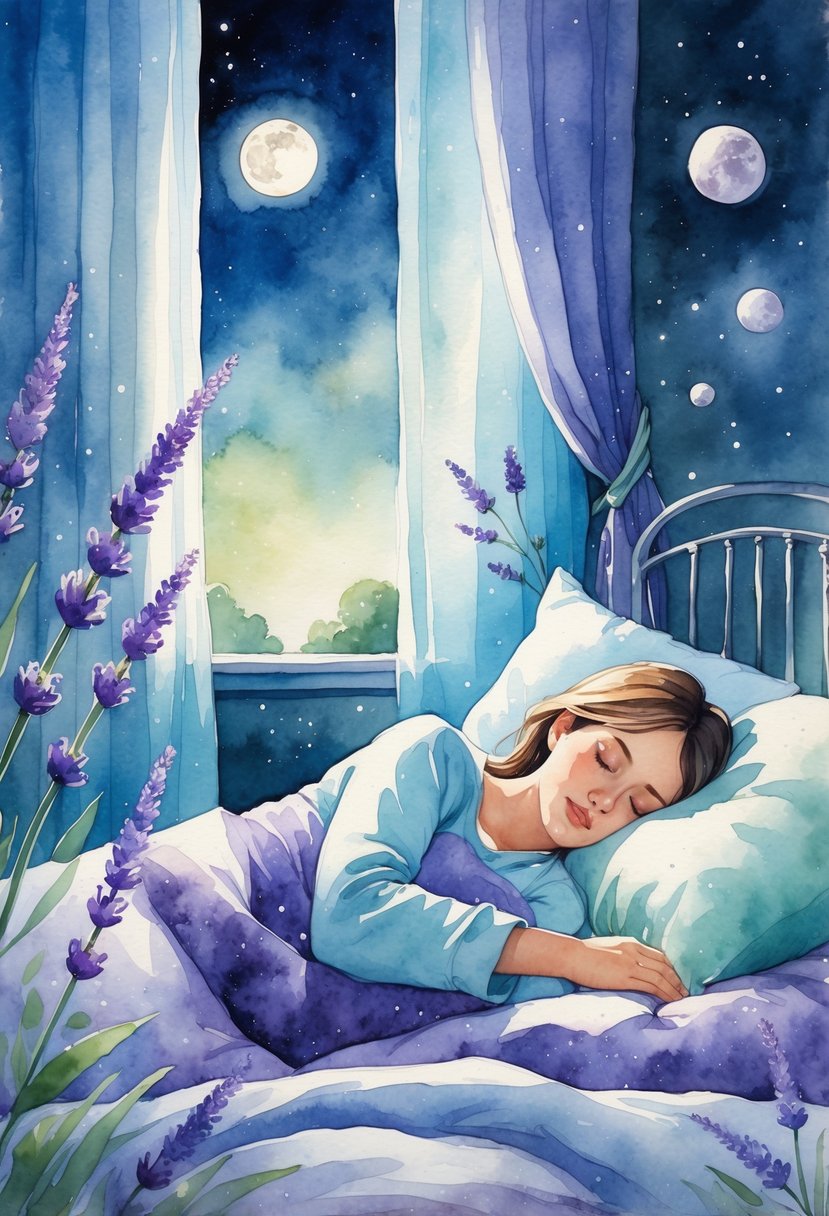 A peaceful bedroom at night with a person sleeping soundly on a bed surrounded by calming natural elements.