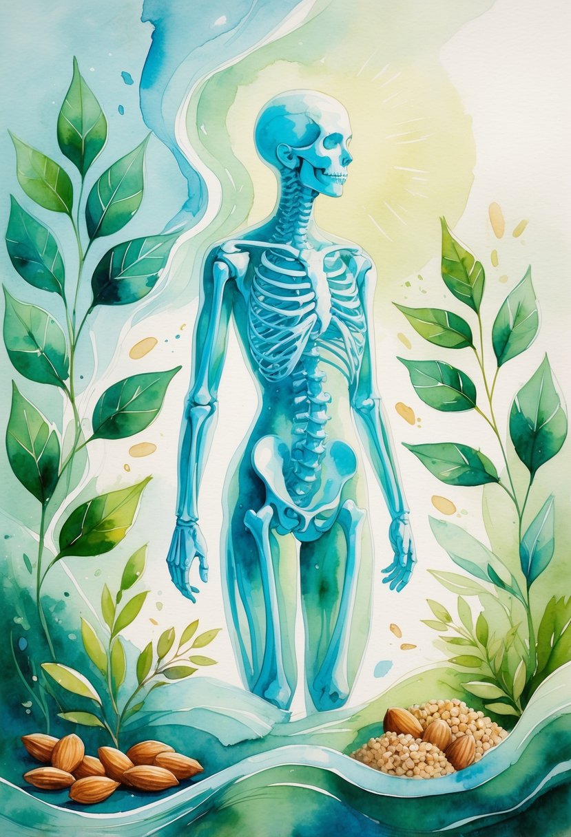 A human figure with highlighted strong bones surrounded by plants and nuts symbolizing magnesium, set against a calm natural background.