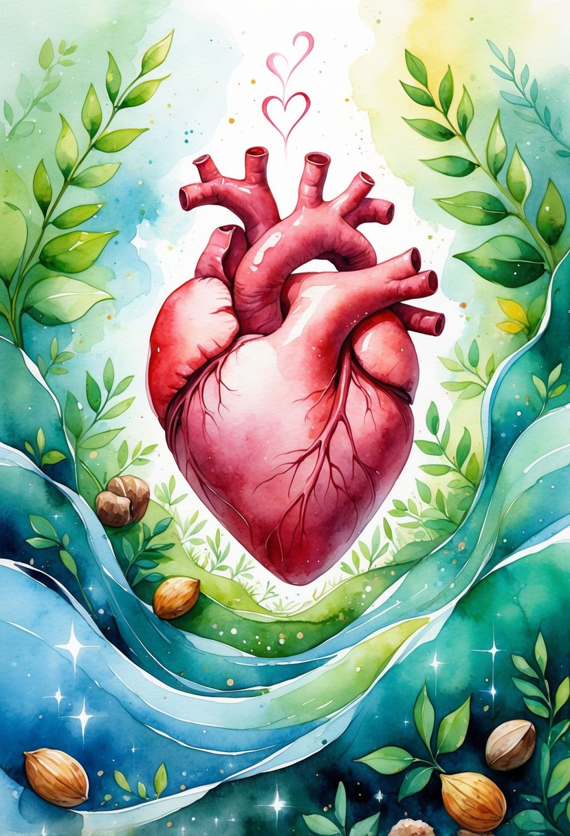 A glowing heart surrounded by flowing waves and natural elements like leaves and nuts, symbolizing heart health and vitality.