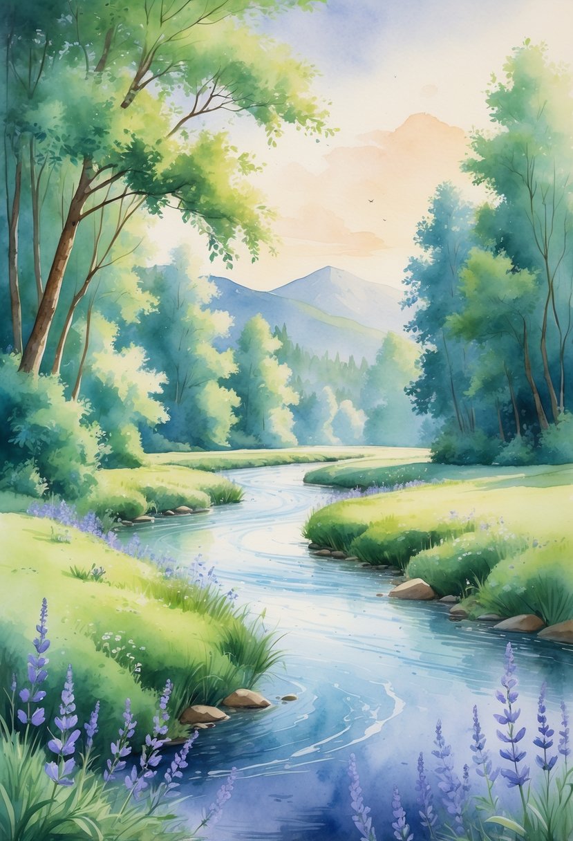A peaceful river flowing through a green forest with wildflowers and distant mountains under a clear sky.