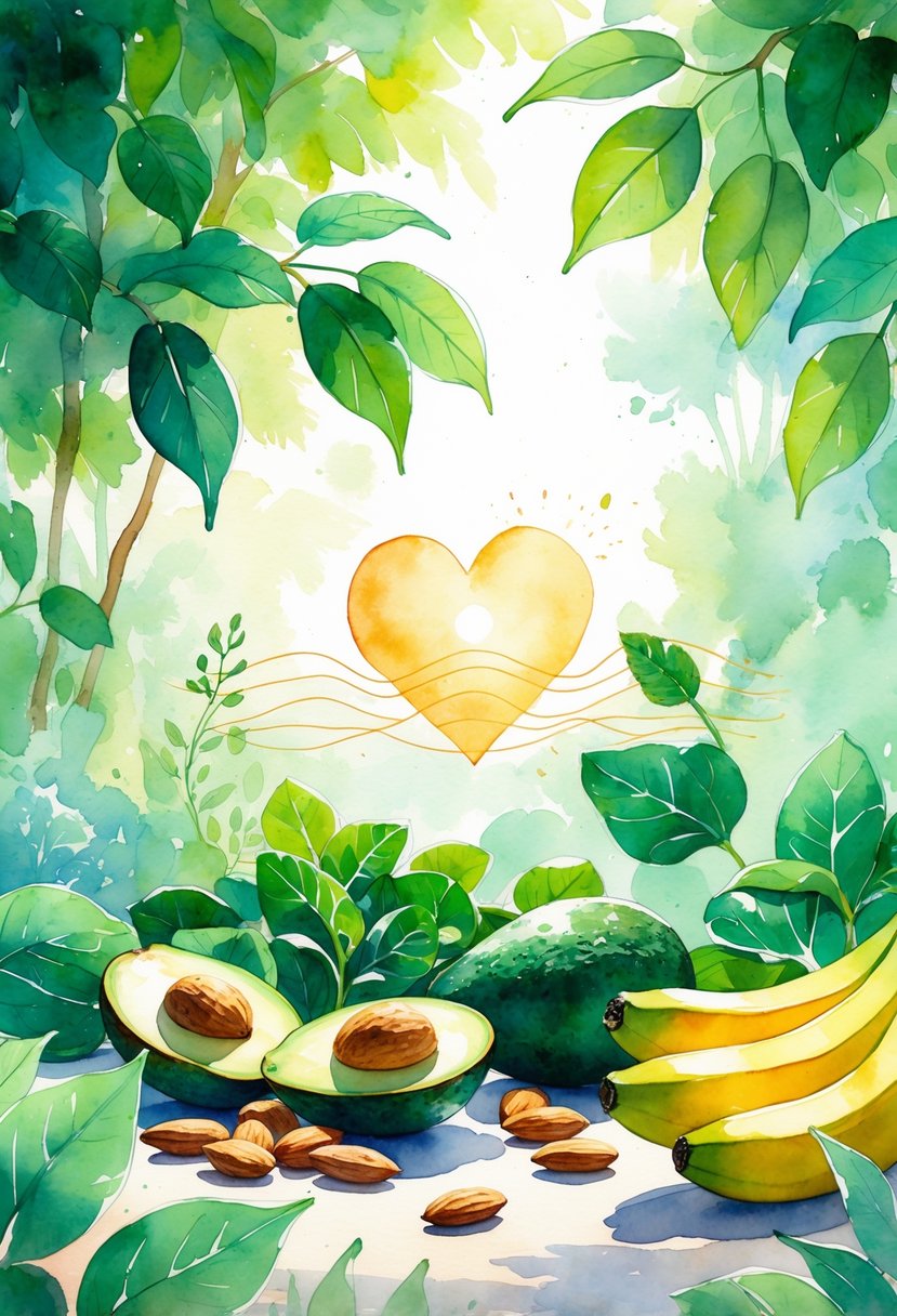 A natural scene with green leaves, magnesium-rich foods like almonds, spinach, avocados, and bananas, along with abstract symbols representing health and energy.