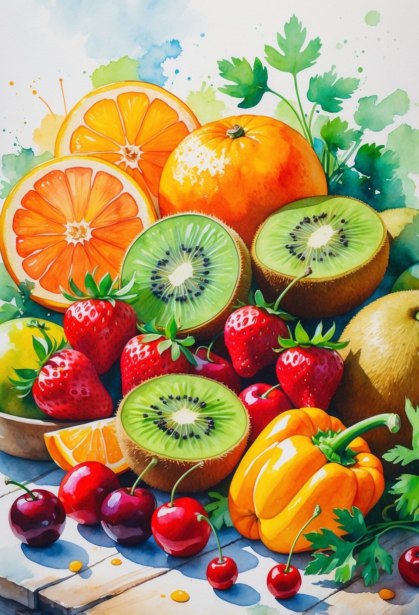 A collection of fresh fruits and vegetables including oranges, strawberries, kiwis, cherries, yellow bell pepper, and parsley arranged on a wooden surface.