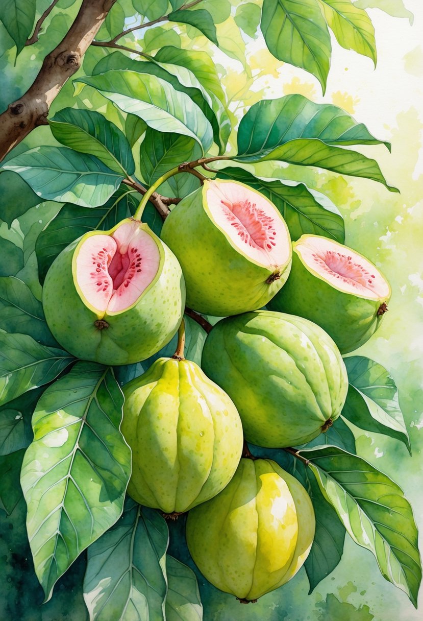 A branch with ripe guavas and green leaves against a soft natural background.