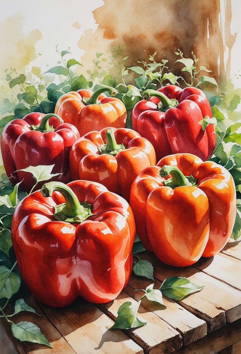 Several fresh red bell peppers arranged on a wooden table with green stems and leaves.
