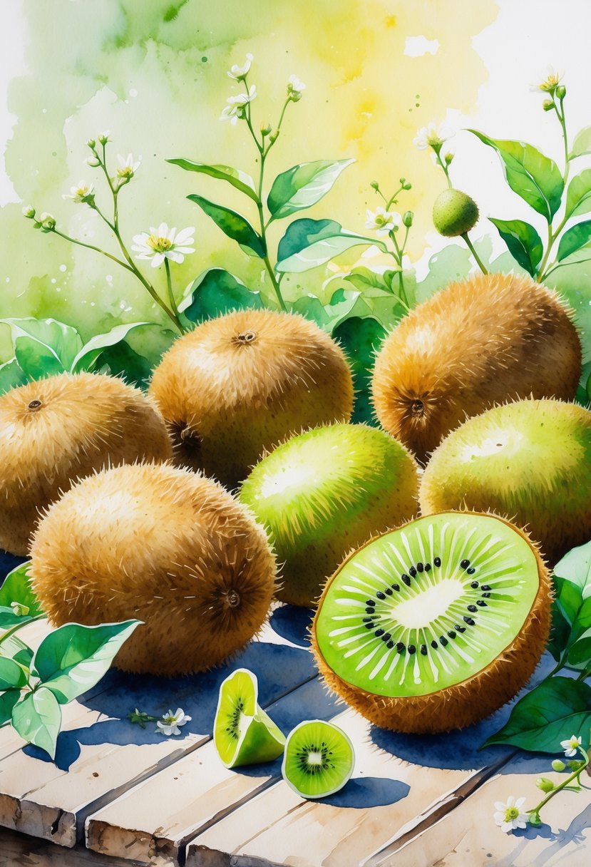 Fresh whole and sliced kiwifruits with green leaves arranged on a wooden surface.